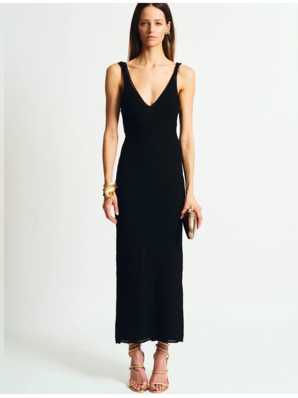 Torn by Ronny Kobo Black Crochet Maxi Dress with Lace-Up Bodice